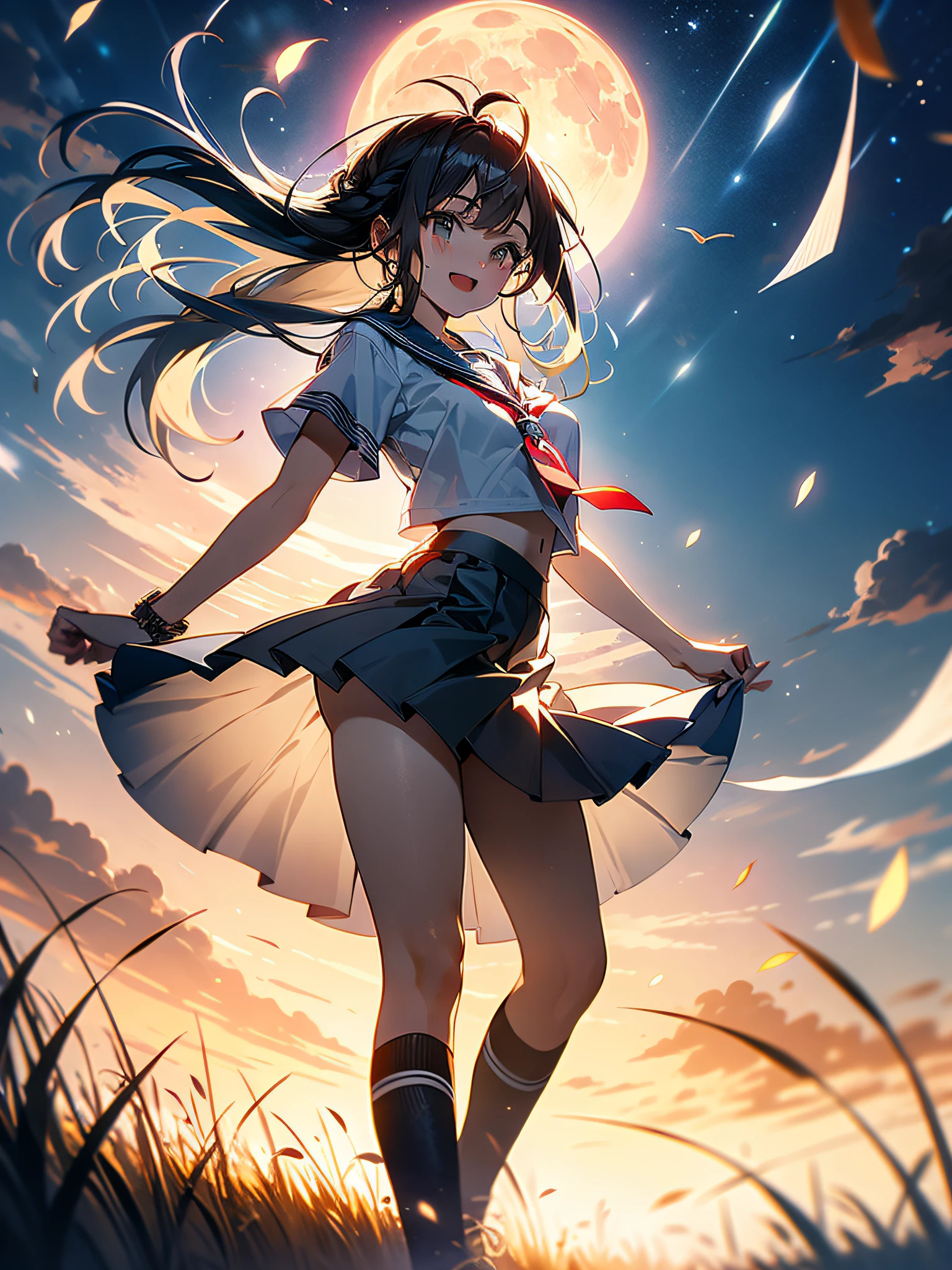 in 8K、top-quality、​masterpiece、Ultra-detail、Ultra-high resolution、Anime style、1 High School Girl、Uniforms、Pampas grass steppe、fullmoon、moonlights、Check skirt、Skirt flipping in the wind、dance、A delightful、perspiring