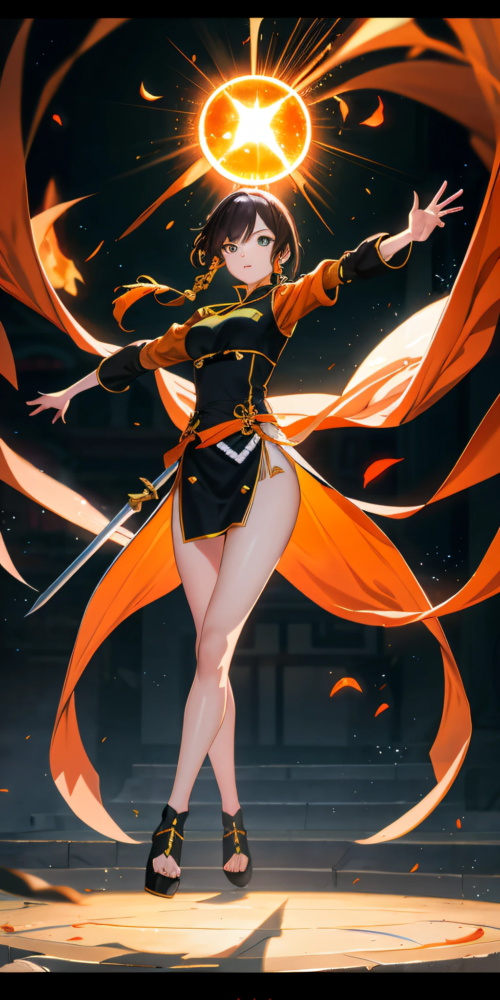 Fisheye lens with flame in background, Chinese girl dancing sword, Dressed in a Tang costume, One guy, Upward light, Ray tracing, Edge light, Glow effect, Exaggerated action, Exaggerated perspective, Orange, Green, Realistic ultra-fine rendering style, Super detail, blender, Octane stereotyping