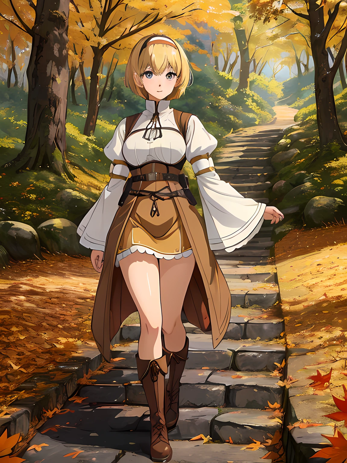 cute anime girl, blonde hair, short hair, fringe, hairband medieval dress, brown boots, dynamic pose, forest, tree, autum, leafs, clean detailed faces, analogous colors, beautiful gradient, clean image, high quality, high detail, high definition, cute face, 4k resolution, full body, ultra sharp focus, extremely detailed eyes, detailed symmetric realistic face, extremely detailed natural texture, nikon d850 film stock photograph, kodak portra 400 camera f1.6 lens, extremely detailed, amazing, fine detail, rich colors, one body, fully clothed, face, head in frame, body in frame, good proportions