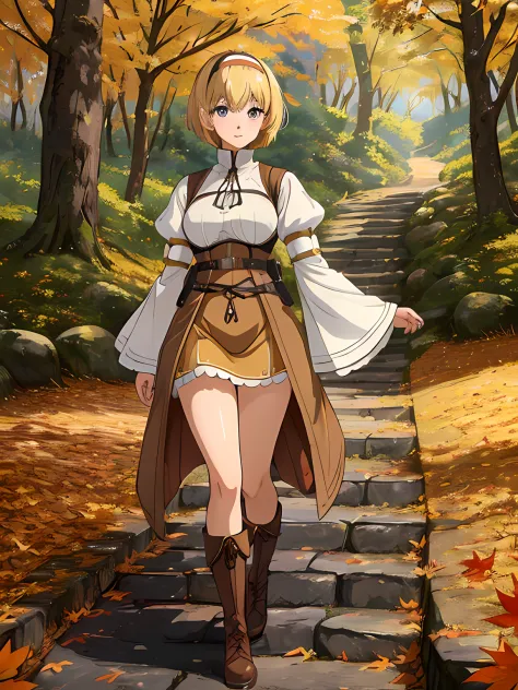 cute anime girl, blonde hair, short hair, fringe, hairband medieval dress, brown boots, dynamic pose, forest, tree, autum, leafs...