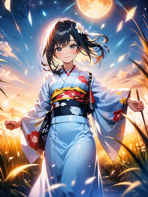 in 8k、top-quality、​masterpiece、ultra-detailliert、ultra-high resolution、anime style、1人の女性、white kimono、red band、pampas grass step...