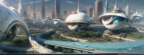 Ultra photo realsisim，Hyper-detailing，Ultra-wide-angle picture，24th century，sci fi city，and the sun was shining brightly，jungles，The fusion of the future technology city and nature，Architectural geometry，Suspended circular aircraft，Roads that lead in all d...
