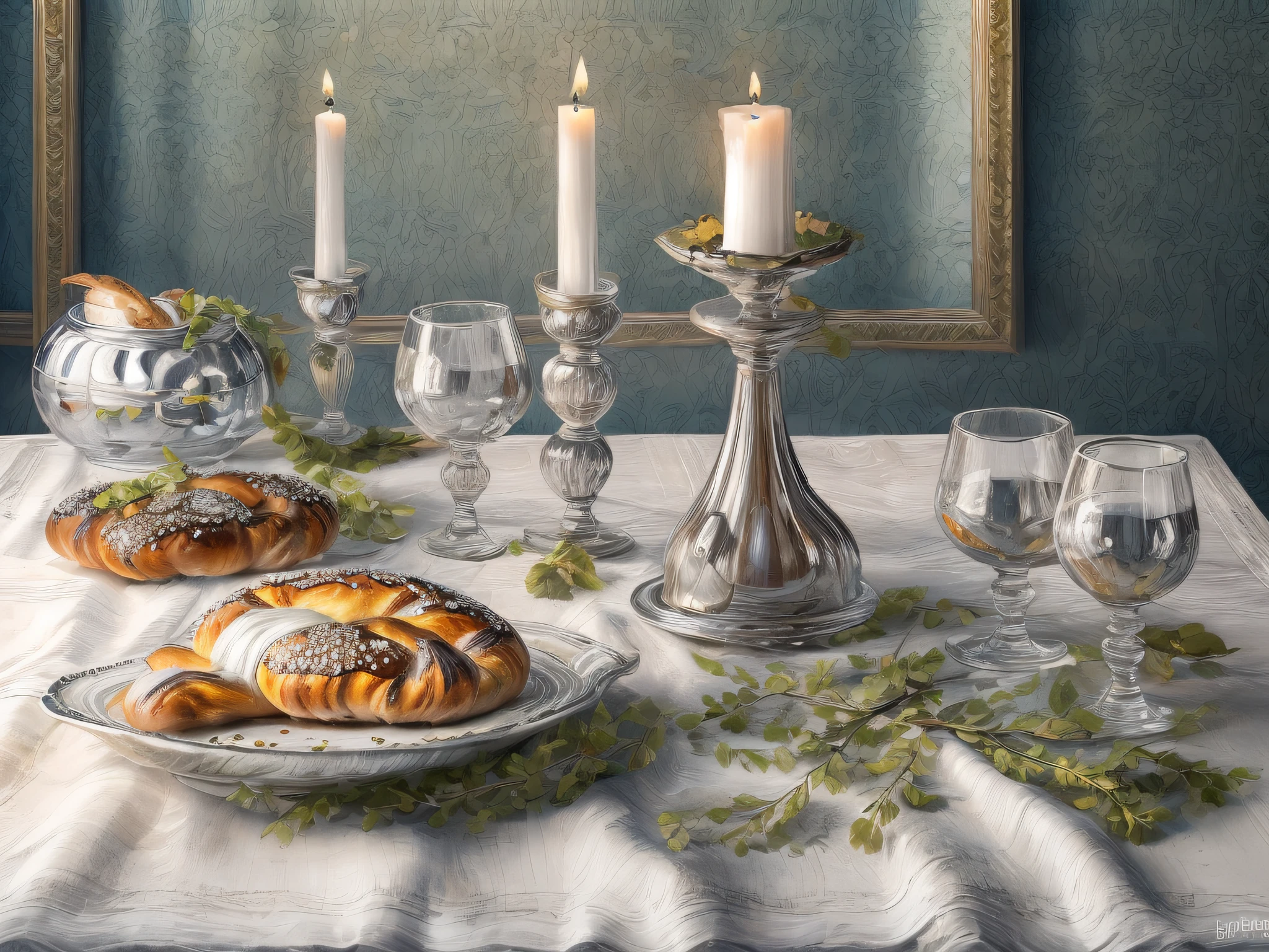 a picture of a Jewish Shabbat table , (2) (Challahs:1.5) on the table, ((2) lit candles: 1.3), in Judaica candle holders (best details, masterpiece), (a masterpiece wine goblet on the table: 1.4) exquisite silver wine goblet, (white table cloth with embodiments 1.2), a close up look from above and the side, 2 freshly baked Challahs (masterwork, best details), with sesame seeds, an atmosphere of divinity, dynamic angle, best details, best quality, 16K, [ultra detailed], masterpiece, best quality, (ultra detailed), full body, ultra wide shot, photorealistic, 3D rendering