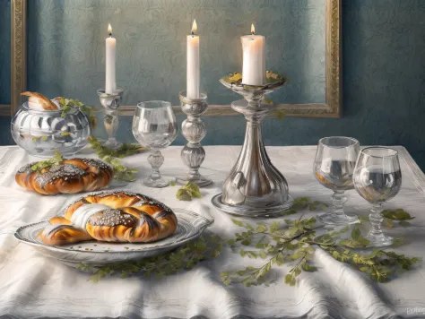 a picture of a Jewish Shabbat table , (2) (Challahs:1.5) on the table, ((2) lit candles: 1.3), in Judaica candle holders (best d...