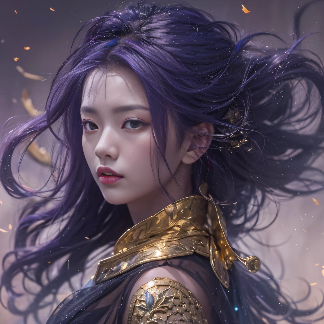 Genki Girl 32K（tmasterpiece，k hd，hyper HD，32K）Long flowing bright purple hair，Autumn Pond，zydink， a color， Asian people （Genki girl）， （Silk scarf）， Combat posture， looking at the ground， long whitr hair， Floating bright purple， Fire cloud pattern gold tiara， Chinese long-sleeved gold silk garment， （Abstract metaverse splash：1.2）， white backgrounid，Lotus vitality protector（realisticlying：1.4），Bright purple hair，Smoke on the road，The background is pure， A high resolution， the detail， RAW photogr， Sharp Re， Nikon D850 Film Stock Photo by Jefferies Lee 4 Kodak Portra 400 Camera F1.6 shots, Rich colors, ultra-realistic vivid textures, Dramatic lighting, Unreal Engine Art Station Trend, cinestir 800，A girl with long flowing bright purple hair