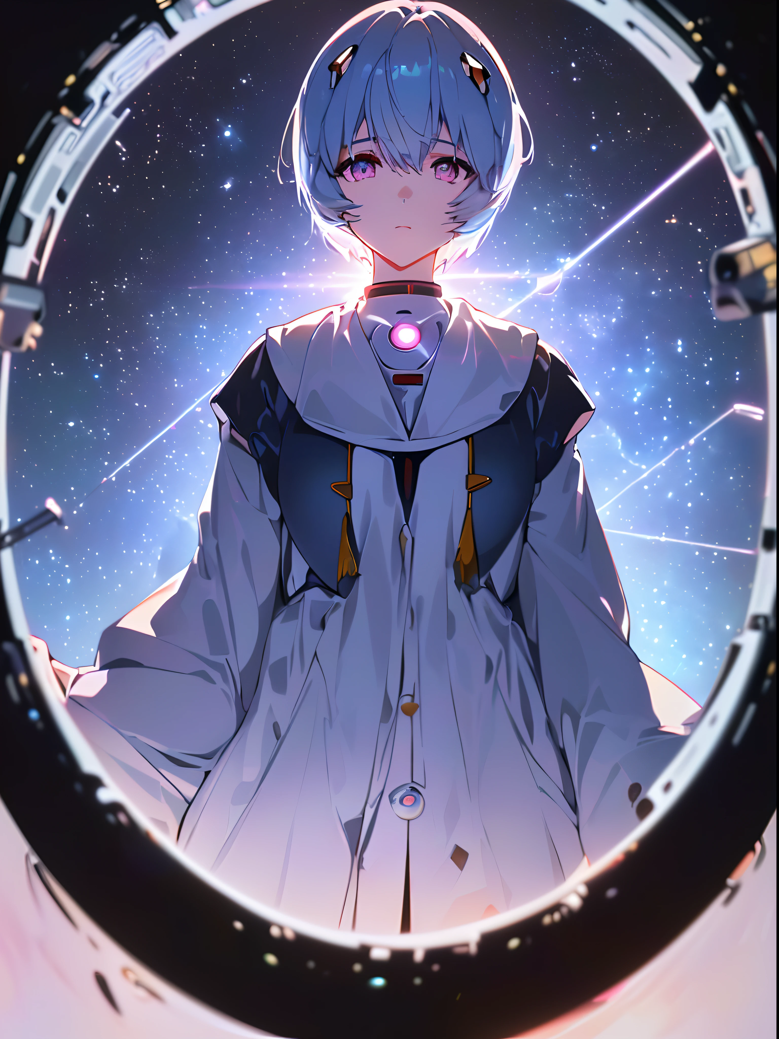 (((ayanami rei:))),headgear,1girl,solo,(masterpiece,best quality, official art,aim to viewers, beautiful and aesthetic:1.2),(ultra high res,spiral, golden ratio, (4k), see from above,((above the earth)),((in the space)),floating,good lighting, (photon mapping, radiosity, physically-based rendering,automatic white balance), technological sense,Amazing,sharp focus,rich background, (((high detailed skin,)))dynamic lighting,intricate detailed outfit,glowing eyes,watery eyes,((short hair,))deadpan, skiny,  turtle neck, short skirt,button shirt,(masterpiece sidelighting),(bishoujo,lustrous),(sky blue hair,pink eyes,）[[delicate fingers and hands:0.55]::0.85],(detail fingers),((((SLR camera lens reflected in the eyes,Ultra Photographic Quality,fisheye,ultra wide angles)))),((incredibly absurdres)),micro shot,((extremely_detailed_eyes_and_face)),(disheveled hair), dark black background, stellar space, large white luminescent stars, a huge black hole in the background, colorful planets floating in a cosmic maelstrom,,FilmGirl