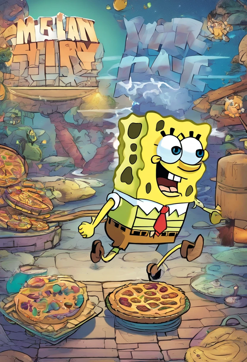 Cartoon spongebob running in front of a pizza and pizza pie - SeaArt AI