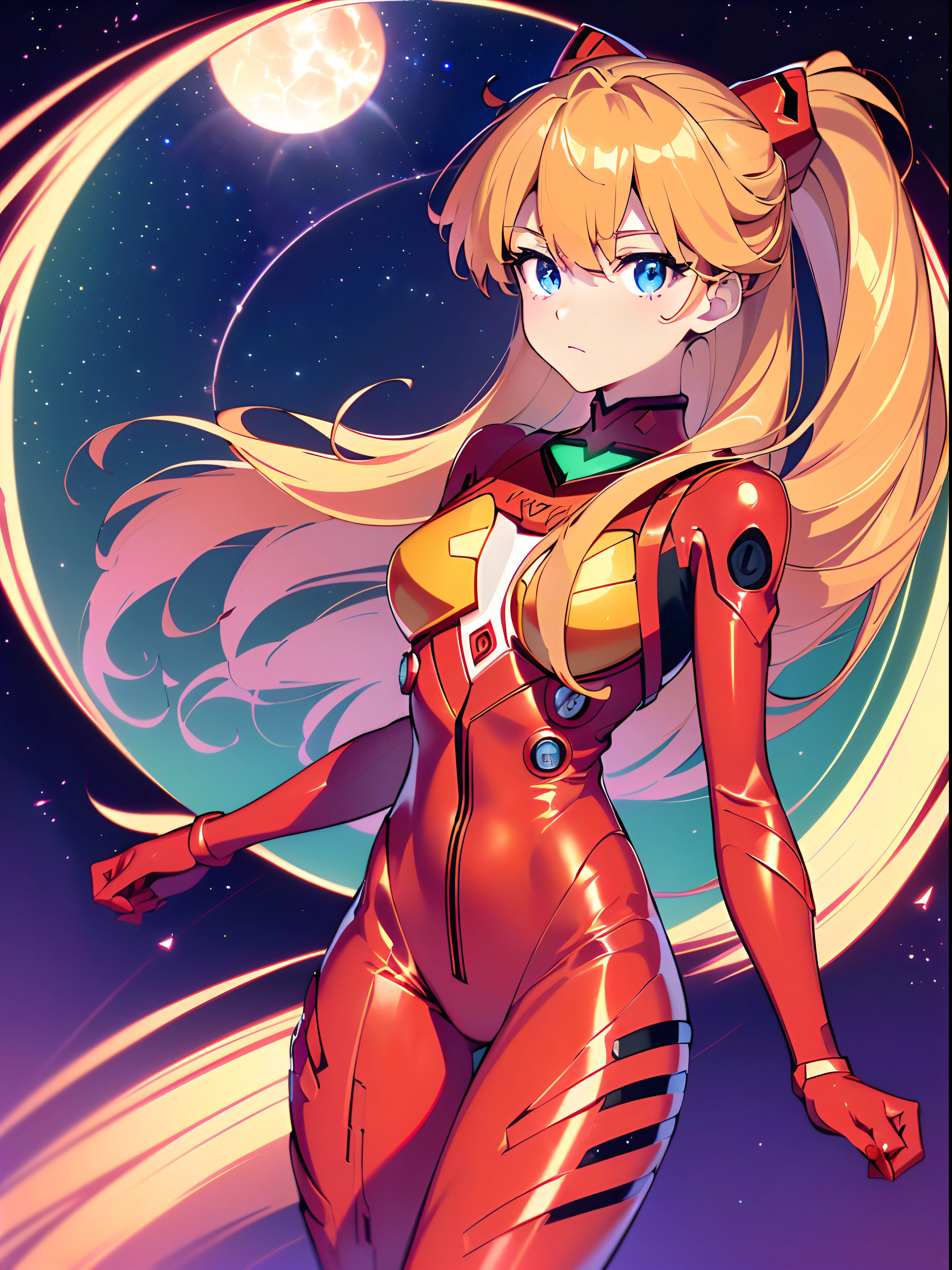 ((souryuu asuka langley, interface headset, red bodysuit:1.4, blonde)),(glowing eyes:1.233),(beautiful and detailed eyes:1.1),(expressionless,closed mouth),(standing), 1girl,solo,(masterpiece,best quality, official art,aim to viewers, beautiful and aesthetic:1.2),(ultra high res,spiral, golden ratio, (4k), see from above,((above the earth)),((in the space)),floating,good lighting, (photon mapping, radiosity, physically-based rendering,automatic white balance), technological sense,Amazing,sharp focus,rich background, (((high detailed skin,)))dynamic lighting,intricate detailed outfit,glowing eyes,watery eyes,(masterpiece sidelighting),(bishoujo,lustrous),[[delicate fingers and hands:0.55]::0.85],(detail fingers),((((SLR camera lens reflected in the eyes,Ultra Photographic Quality,fisheye,ultra wide angles)))),((incredibly absurdres)),micro shot,((extremely_detailed_eyes_and_face)),(disheveled hair),darkness,FilmGirl,It appears to be taken from high above the clouds, as the viewer is presented with a stunning panoramic view of the vast expanse of the sky. The stars twinkle and glimmer, creating a mesmerizing spectacle that is truly awe-inspiring. A colorful rainbow is also visible in the distance, adding a pop of vibrant hues to the otherwise serene and tranquil atmosphere. The sun shines brightly, casting a warm and welcoming glow over the entire scene. Overall, this image is a symphony of colors, light, and beauty that transports the viewer to another world entirely.