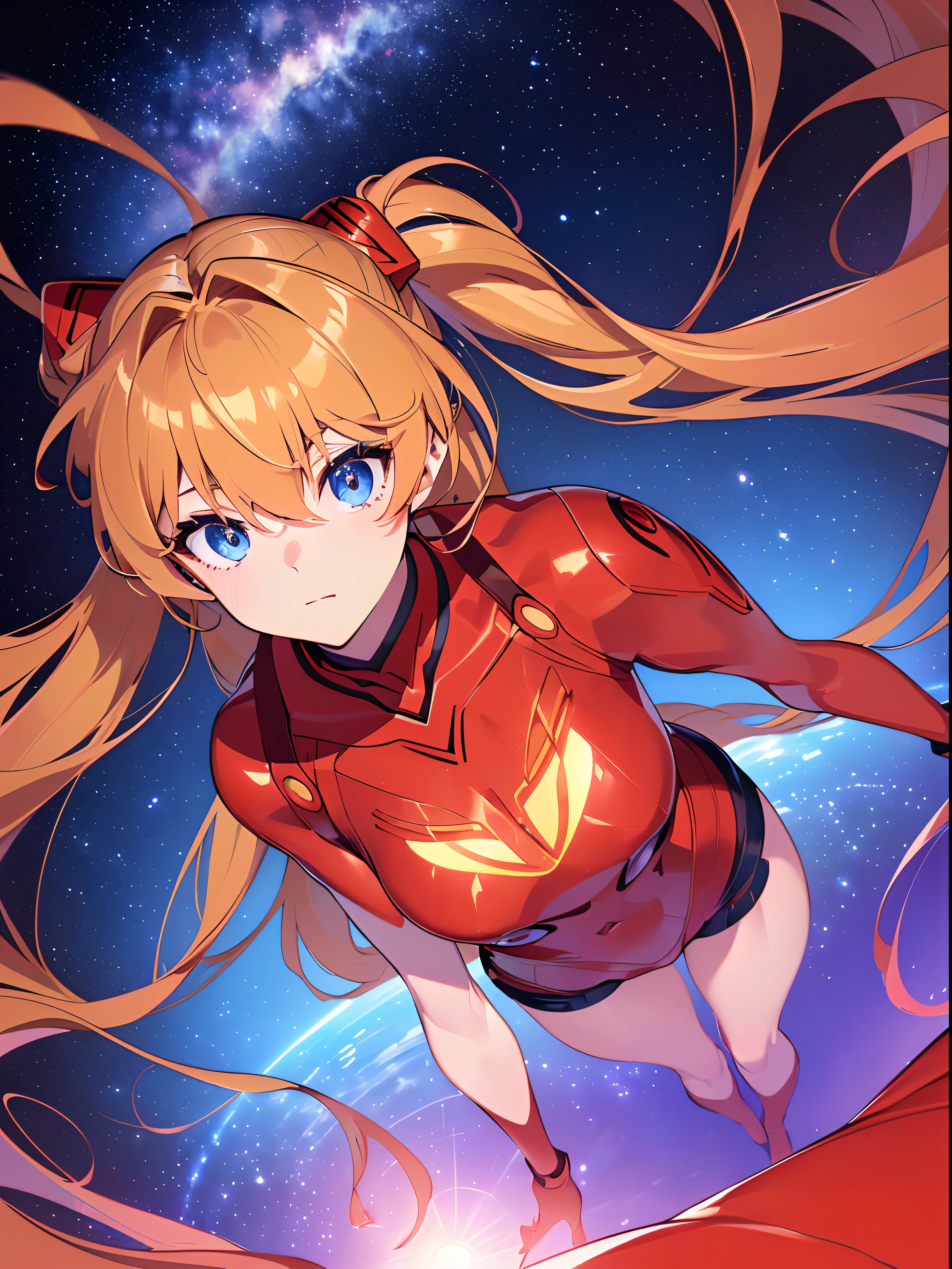 ((souryuu asuka langley, interface headset, red bodysuit:1.4, blonde)),(glowing eyes:1.233),(beautiful and detailed eyes:1.1),(expressionless,closed mouth),(standing), 1girl,solo,(masterpiece,best quality, official art,aim to viewers, beautiful and aesthetic:1.2),(ultra high res,spiral, golden ratio, (4k), see from above,((above the earth)),((in the space)),floating,good lighting, (photon mapping, radiosity, physically-based rendering,automatic white balance), technological sense,Amazing,sharp focus,rich background, (((high detailed skin,)))dynamic lighting,intricate detailed outfit,glowing eyes,watery eyes,(masterpiece sidelighting),(bishoujo,lustrous),[[delicate fingers and hands:0.55]::0.85],(detail fingers),((((SLR camera lens reflected in the eyes,Ultra Photographic Quality,fisheye,ultra wide angles)))),((incredibly absurdres)),micro shot,((extremely_detailed_eyes_and_face)),(disheveled hair),darkness,FilmGirl,It appears to be taken from high above the clouds, as the viewer is presented with a stunning panoramic view of the vast expanse of the sky. The stars twinkle and glimmer, creating a mesmerizing spectacle that is truly awe-inspiring. A colorful rainbow is also visible in the distance, adding a pop of vibrant hues to the otherwise serene and tranquil atmosphere. The sun shines brightly, casting a warm and welcoming glow over the entire scene. Overall, this image is a symphony of colors, light, and beauty that transports the viewer to another world entirely.