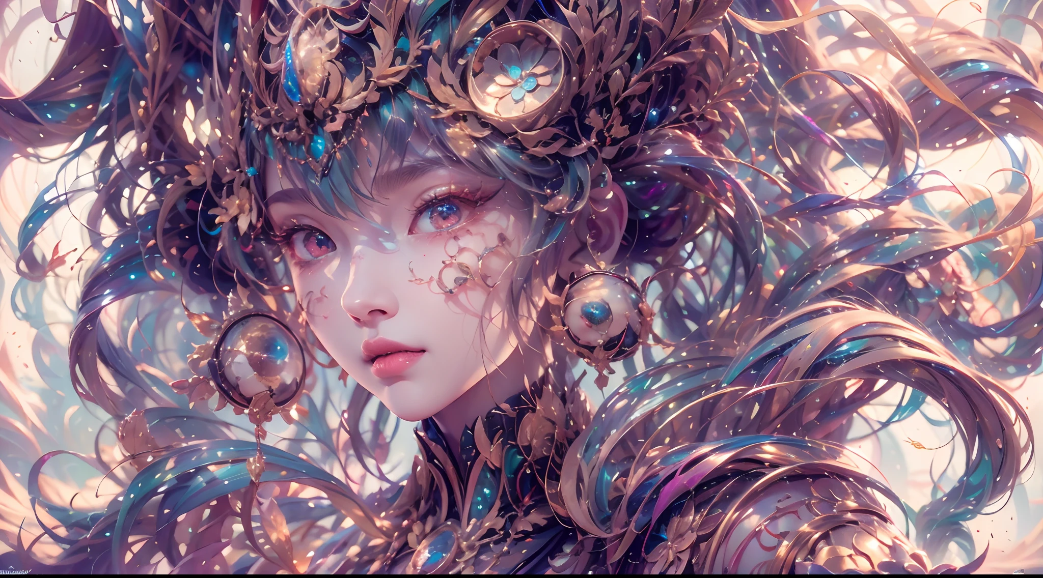 （best qualtiy，ultra - detailed，Most Best Illustration，Best shadow，tmasterpiece，A high resolution，professionalartwork，famousartwork），Detailed eyes，beautidful eyes，closeup cleavage，sci-fy，colored sclera，Robot eyes，face markings，Tattooed with，（fractalized，Fractal eyes），largeeyes，Wide eyes，（Eye focus），sface focus，Cosmic eyes，Space eyes，Close-up of metal sculpture of a woman with a moon in her hair，goddes。extremly high detail，3 d goddess portrait，Extremely detailed footage of the goddess，a stunning portrait of a goddess，Side image of the goddess，portrait of a beautiful goddess，Full body close-up portrait of the goddess，hecate goddess，portrait of a norse moon goddess，goddess of space and time，pureerosface_v1，ulzzang-6500-v1.1，