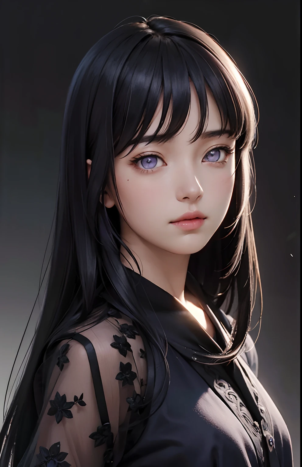 (Ultra Realistic), (Illustration), (Increased Resolution), (8K), (Extremely Detailed), (Best Illustration), (Beautiful and Detailed Eyes), (Best Quality), (Ultra Detailed), (Masterpiece ), ( wallpaper), (detailed face), solo, 1 girl, looking at viewer, fine details, detailed face, in the dark, deep shadows, low key, pureerosfaceace_v1, long dark blue hair, purple eyes,black shawl straight hair , 46 points oblique bangs