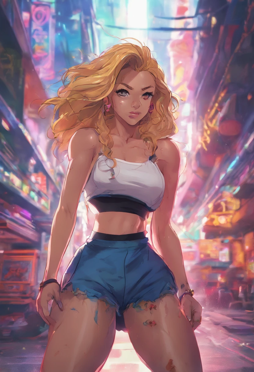 A woman with blonde hair and blue shorts standing in a city - SeaArt AI