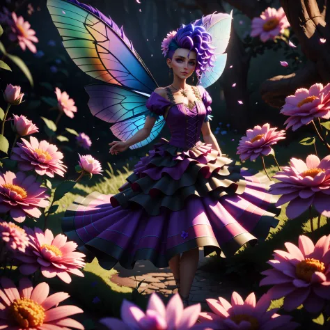 there is a fairy standing in a field of flowers in a fairy dress, impressionante render 3d de uma fada, tons de roxo, cabelo rox...