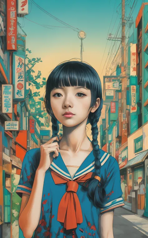 painting of a woman in sailor's uniform standing on the street, satoshi kon artstyle, shintaro kago, pop japonisme 3 d ultra det...