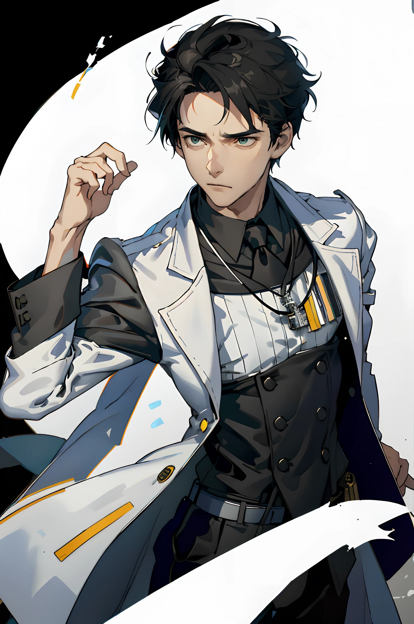 Best quality, Masterpiece, Cinematic lighting, Intricate, Simple background, Detailed face, A half body,A handsome adult male forensic doctor，black color hair，Doctor white coat，Police badge on the chest，With a pistol in his hand，Indifferent expression，standing on a city street，Face the lens。