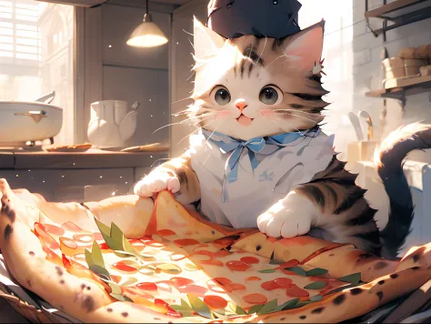 (Masterpiece:1.2, high quality),cat, absurdres, highres, ultra detailed, 1cat, cat wearing chef hat baking pizza, oven