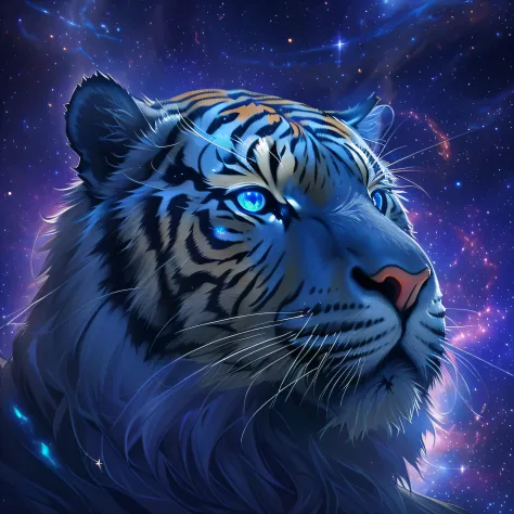 Close up of tiger on purple and blue background，portrait of a cosmic entity，Strange portrait of lightning，In the starlight plane...