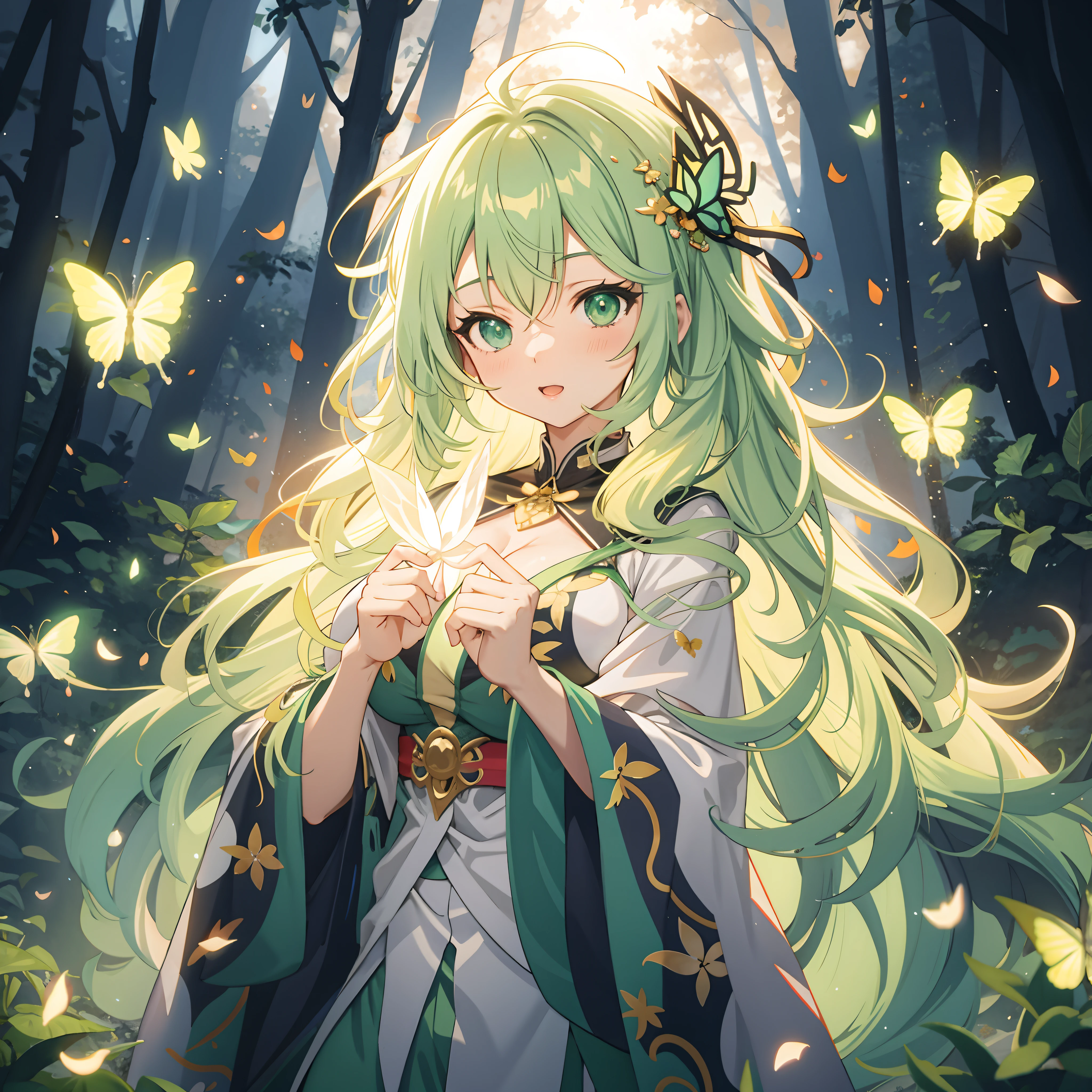 أنيمي فتاة, شعر أخضر, الجلباب المتدفقة, الفراشات المتوهجة, الغابة الأسطورية, إضاءة النيون, جنسي, أثداء كبيرة