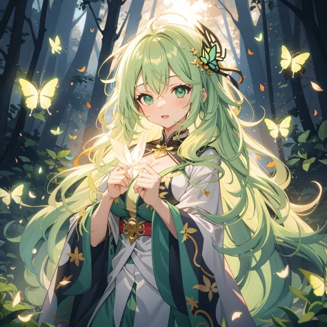 anime girl, green hair, flowing robes, glowing butterflies, mythical forest, neon lighting, sexy, large breasts