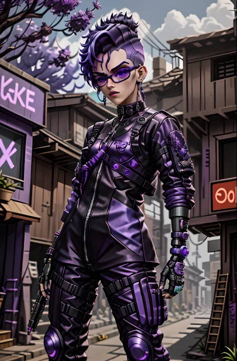 Purple-haired woman in a purple outfit and black glasses in front of a building, roupa estilo cyberpunk, roupa cyberpunk, Fotogr...