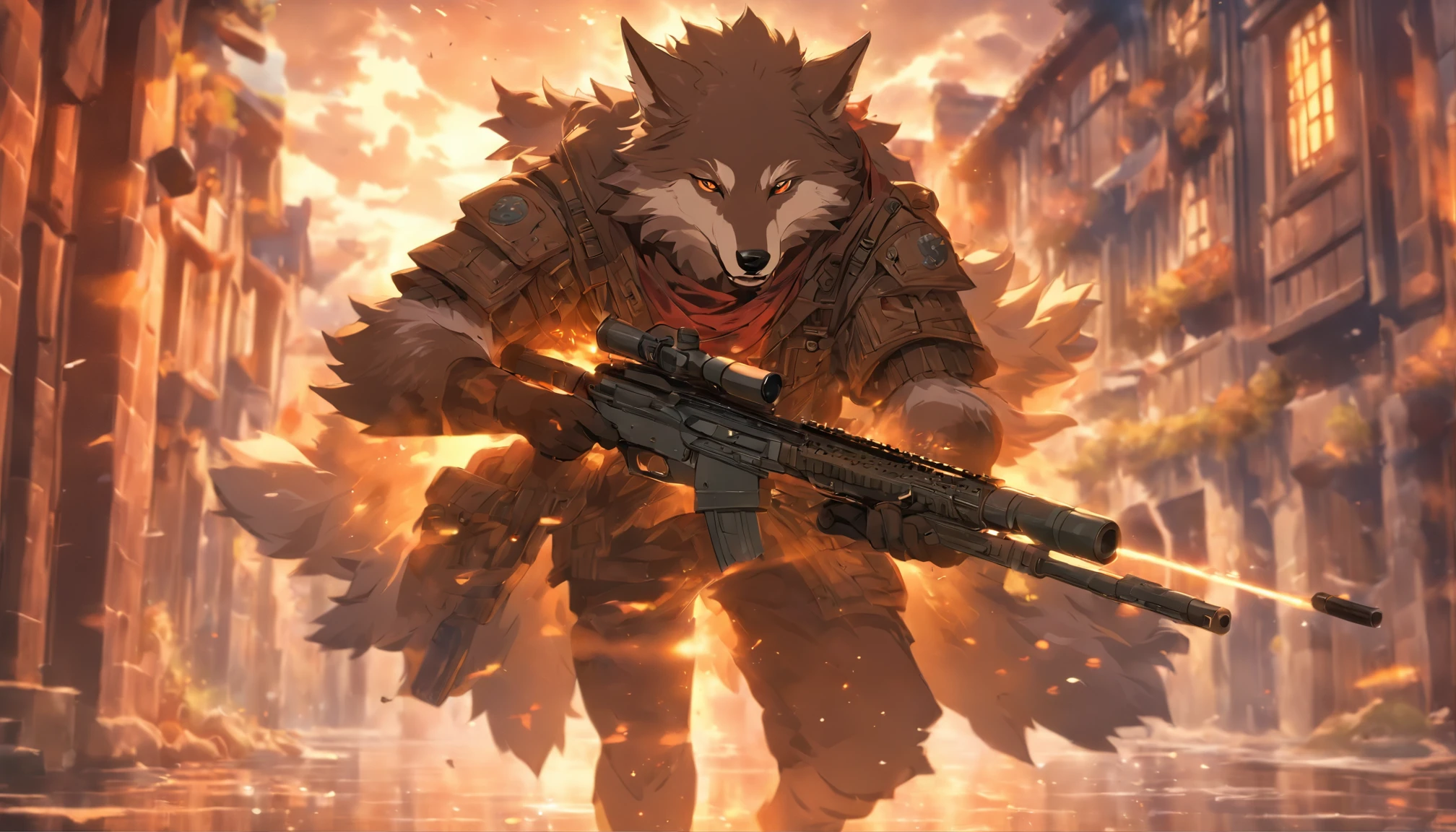 A man with a gun and a wolf on a city street - SeaArt AI