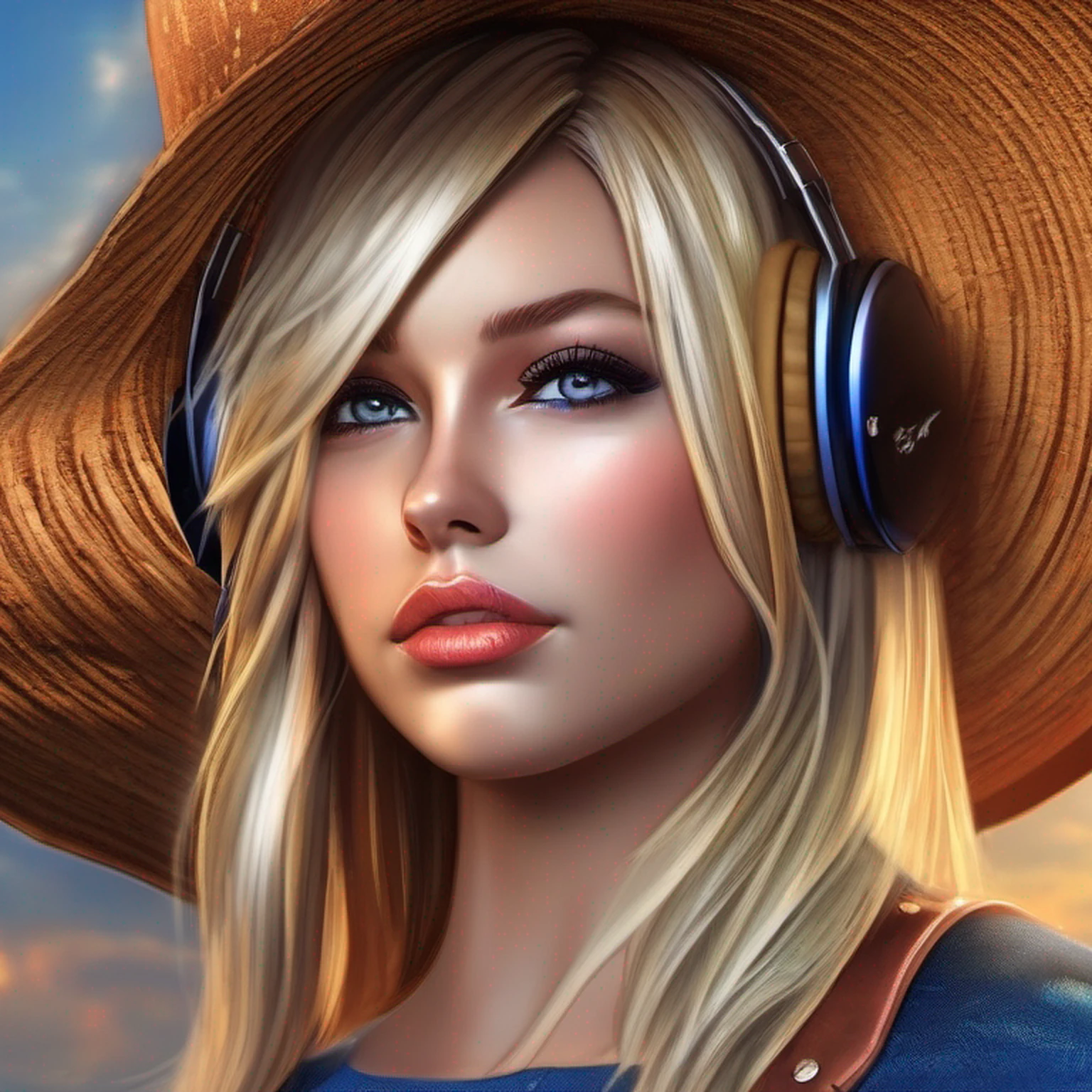 A close up of a woman wearing a hat and headphones SeaArt AI