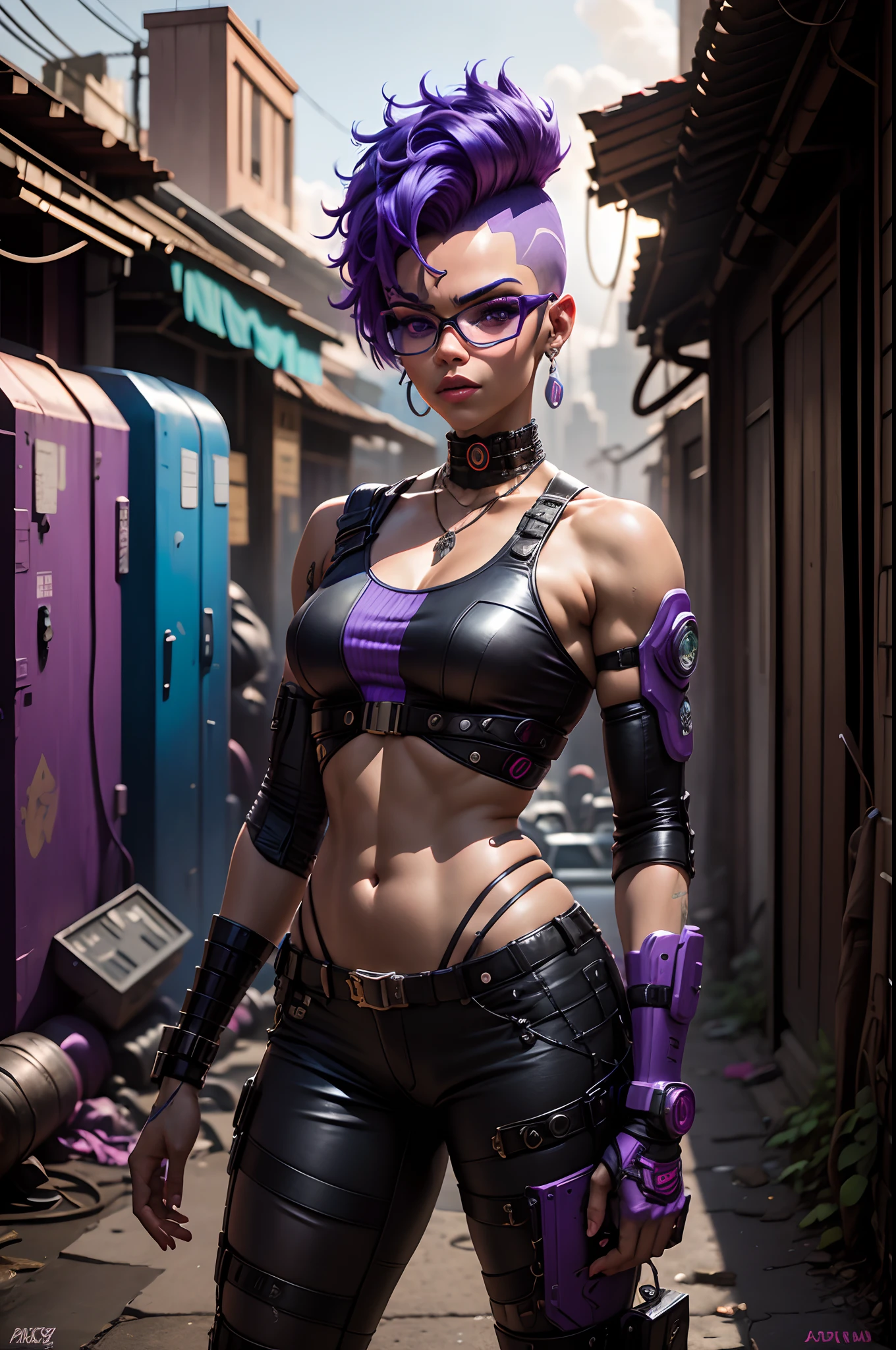 There is a woman with purple hair and glasses standing in an alley with holding with both hands an ak-47 machine gun, Judy Alvarez cyberpunk, modelo bonito da mulher cyberpunk, in a cyberpunk setting, em uma cidade cyberpunk, Loba Andrade de Apex Legends