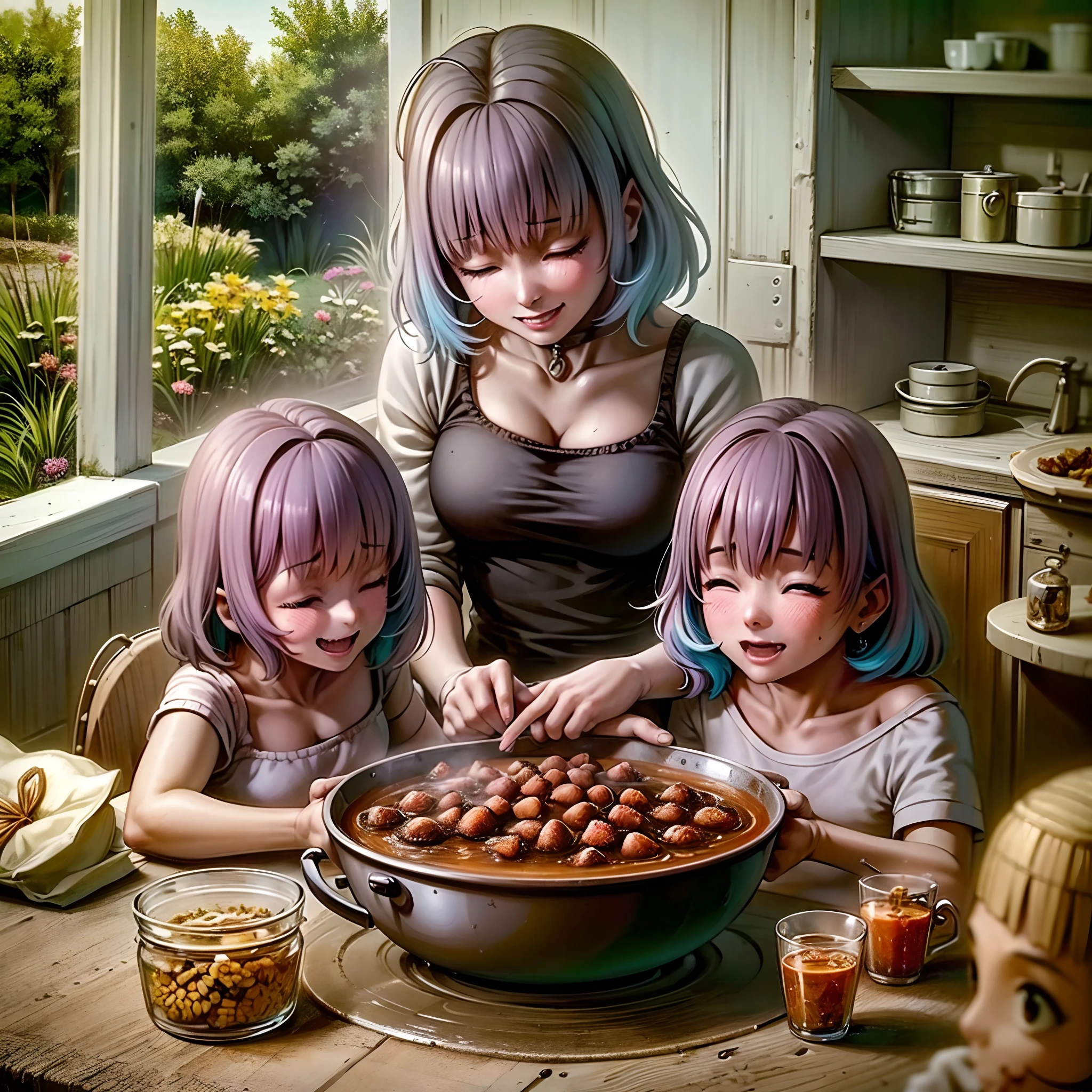 riamu yumemi,guts,couple,husband and wife,riamu motherly,house wife,cooking,mother and son,children,family,happy,(best quality,4k,8k,highres,masterpiece:1.2),ultra-detailed,(realistic,photorealistic,photo-realistic:1.37),joyful,loving,embrace,adorable,cheerful,blissful,togetherness,warmth,smiles,vibrant colors,sunshine,beautifully lit,cosy home,harmonious,family bond,making memories,satisfying meal,homemade food,laughter,motherly affection,playful kids,herb garden,spacious kitchen,life's small joys,dreamy,wholesome,carefree,affectionate gaze,authentic moments,harmony of love and simplicity,unconditional love,tranquil,heartwarming,captured memories,cherished moments,intergenerational love,endless laughter,tight-knit,fond memories,blessed family,treasuring time together,priceless happiness