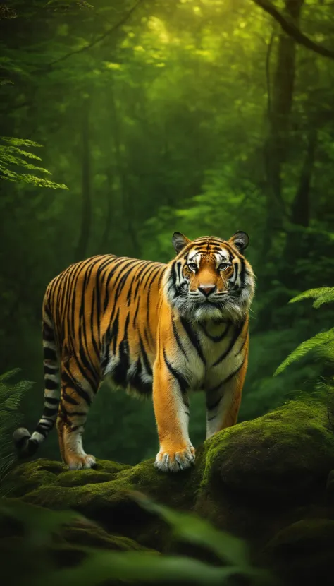 a fierce tiger，In a glowing green forest，photorealestic，realisticlying，Cinematic light，Standing on a large rock。Exceptionally powerful