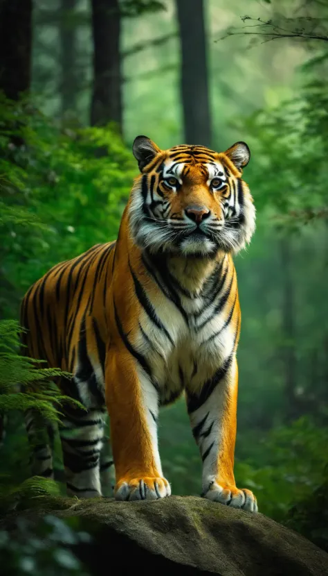 a fierce tiger，In a glowing green forest，photorealestic，realisticlying，Cinematic light，Standing on a large rock。Exceptionally powerful