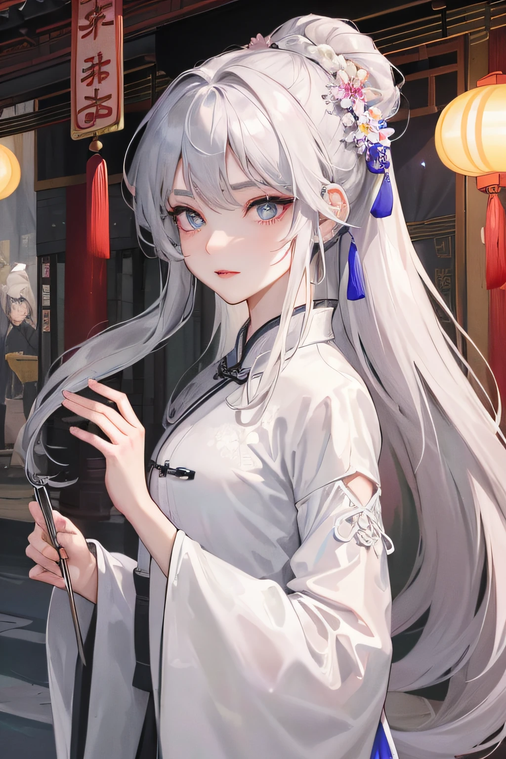 Masterpiece, Best quality, Night, full moon, 1 girl, Mature woman, Chinese style, Ancient China, sister, Royal Sister, Cold expression, Expressionless face, Silver white long haired woman, Light pink lips, calm, Intellectual, tribelt, Gray pupils, assassins, short knife, flower ball background, Stroll through the street view
