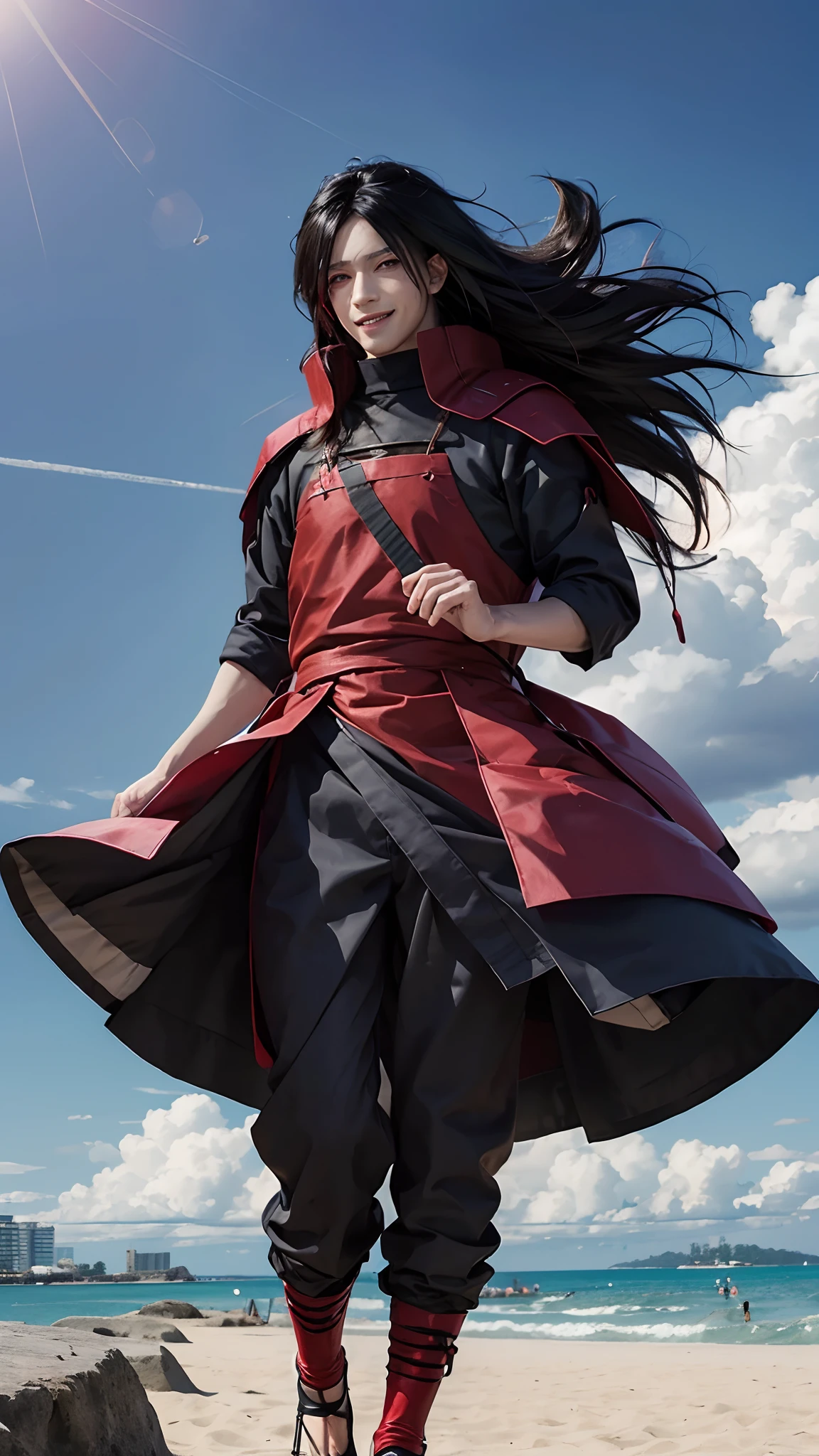 1male, uchiha madara in anime naruto, long hair , black hair, red eyes -  SeaArt AI