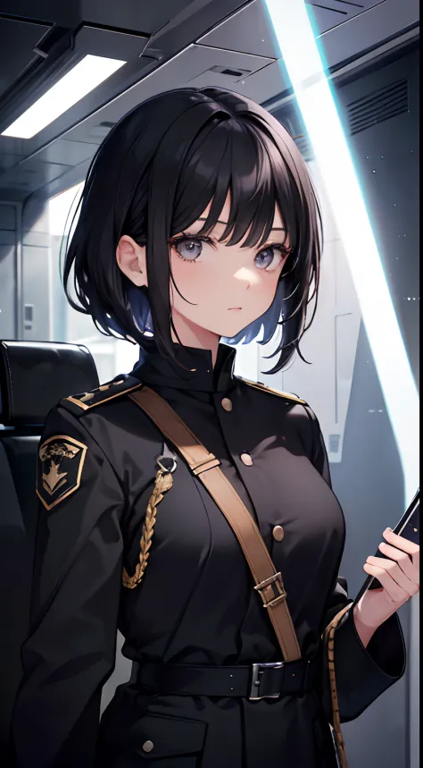 (highest resolution, distinct_image) Best quality, one woman, masterpiece, highly detailed, semi realistic, short black hair, black hair, gray eyes, bangs, 21 years old, shoulder length hair, mature, young, black clothing , black uniform, military uniform,...