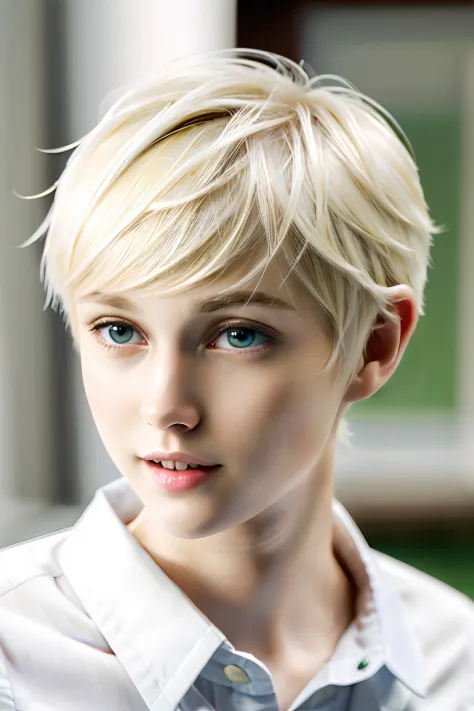 ​masterpiece, realisitic, 8K, (1womanl:1.5), japanes, white  shirt, (blonde  hair:1.1) , short-cut, (a pixie cut:1.2), looking a...