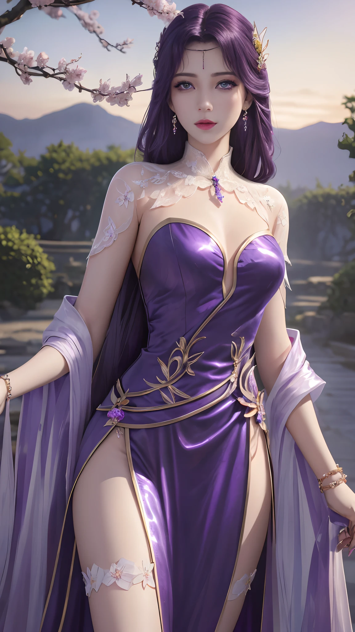 (,1girll, angle of view,Best quality, ) , (((,1girll, Solo,, view the viewer, Cherry blossoms,   , purple_Hair, purple_Eyes, Long_Hair, Solo, Cloud, jewelry, dress, Sunset, sky ))) ultra realistic 8k cg, Flawless, Clean, Masterpiece, Professional artwork, Famous artwork, Cinematic lighting, Cinematic bloom, Perfect face, Beautiful face,,fantasy, smallunderboob，The upper part of the body，Dreamlike, unreal, Science fiction, Lace, Lace trim, lace-trimmed legwear, luxury goods, jewelry, Diamond, gold, the pearl, Pedras preciosas, Sapphire, Ruby, Emerald, intricately details, Delicate pattern, Charming, Alluring, Seductive, Erotic, Enchanting, hair adornments, necklace, Earrings, Bracelet, armlets,Halo,Autumn,dynamicposes。