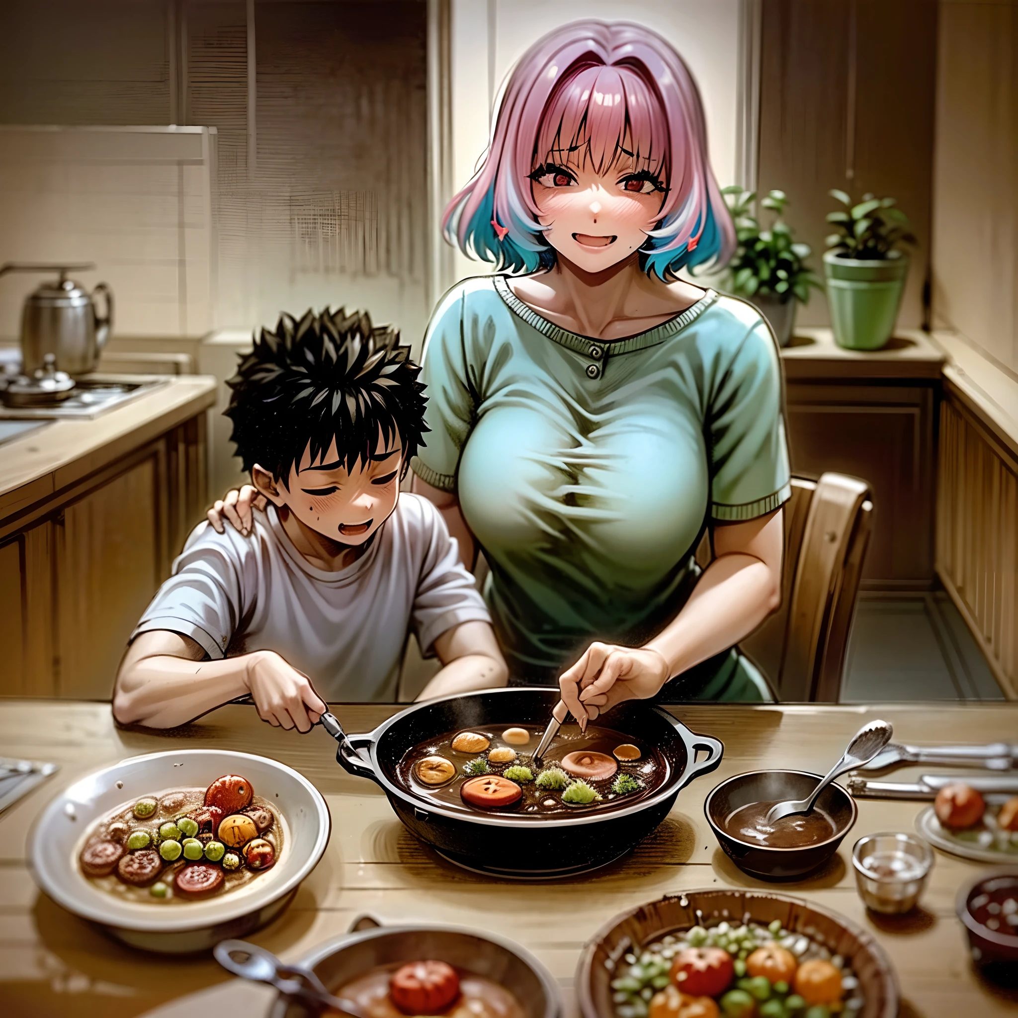 Anime characters in a kitchen with a woman and a child - SeaArt AI