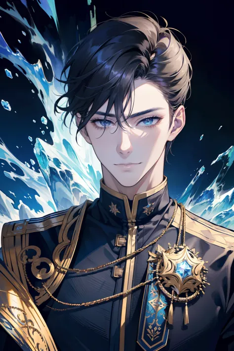 (absurdres, highres, ultra detailed), 1 male, adult, handsome, tall muscular guy, broad shoulders, finely detailed eyes, dark color hair, fantasy, complex pattern, detailed face, throne, magic effect, best ratio four finger and one thumb, ice, bitter cold,...