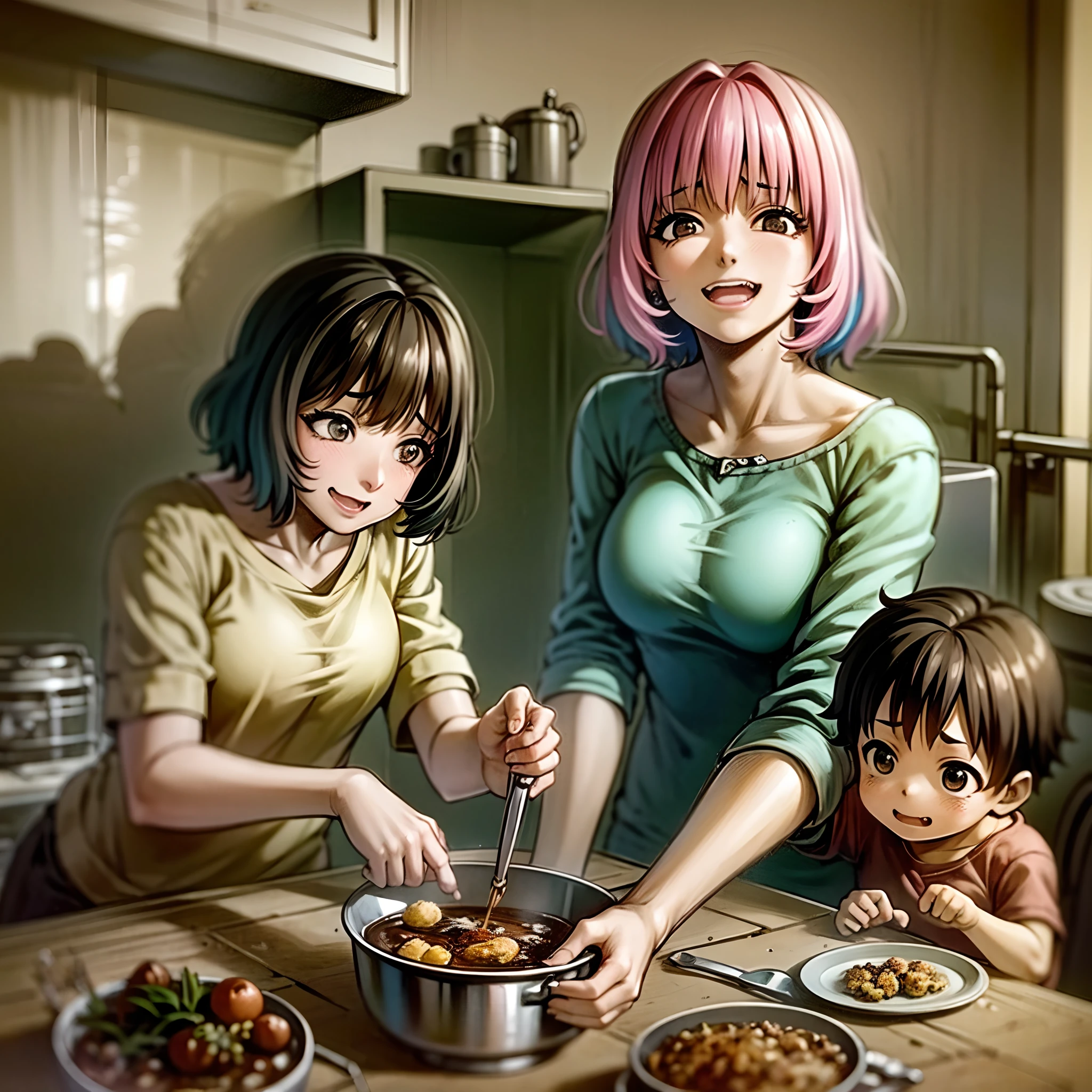 riamu yumemi,guts,couple,husband and wife,riamu motherly,house wife,cooking,mother and son,children,family,happy,(best quality,4k,8k,highres,masterpiece:1.2),ultra-detailed,(photo1.37),joyful,loving,embrace,adorable,cheerful,blissful,togetherness,warmth,smiles,vibrant colors,sunshine,beautifully lit,cosy home,harmonious,family bond,making memories,satisfying meal,homemade food,laughter,motherly affection,playful kids,herb garden,spacious kitchen,life's small joys,dreamy,wholesome,carefree,affectionate gaze,authentic moments,harmony of love and simplicity,unconditional love,tranquil,heartwarming,captured memories,cherished moments,intergenerational love,endless laughter,tight-knit,fond memories,blessed family,treasuring time together,priceless happiness