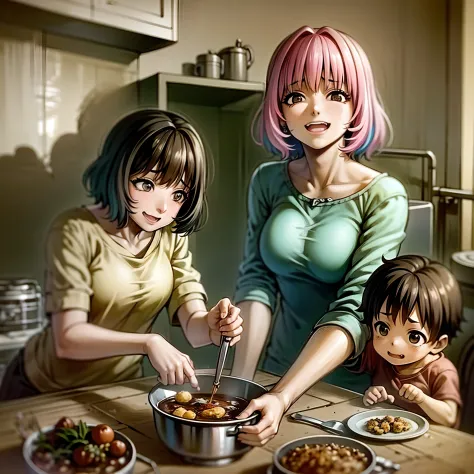 riamu yumemi,guts,couple,husband and wife,riamu motherly,house wife,cooking,mother and son,children,family,happy,(best quality,4...