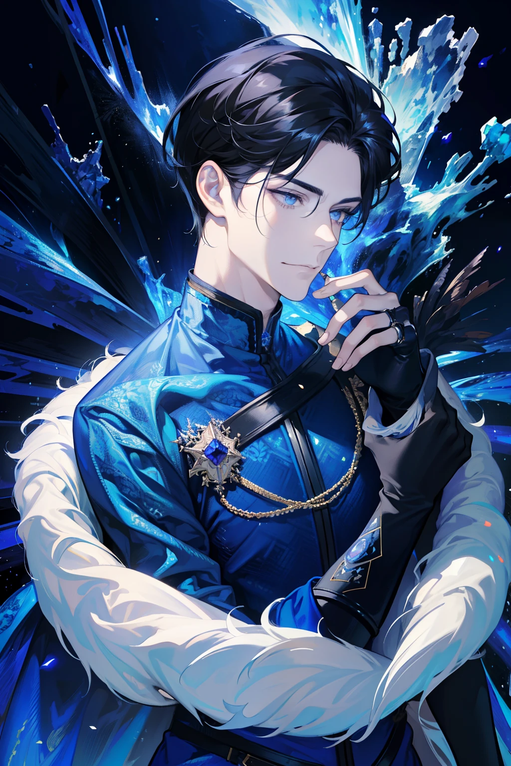 (absurdres, highres, ultra detailed), 1 male, adult, handsome, tall muscular guy, broad shoulders, finely detailed eyes, dark color hair, fantasy, complex pattern, detailed face, throne, magic effect, best ratio four finger and one thumb, ice, bitter cold, cold snap, smile, (dutch angle), closed mouth