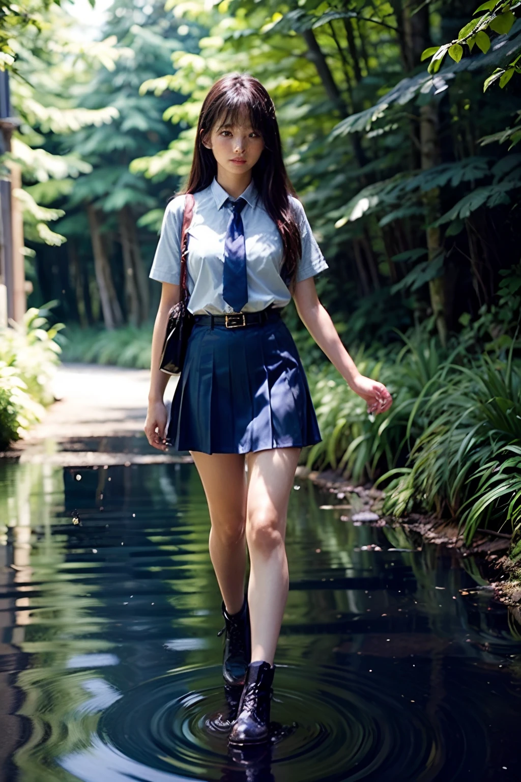 ​masterpiece、high-level image quality、high-detail、full body Esbian、Summer uniform、Blue tie、a blue skirt、One Beautiful Girl, hi-school girl、15yo student、Hairstyle with bangs、great outdoors、Blue swamp in the coniferous forest belt、Beautiful girl walking in the water and coming here、Embarrassment、confusion、Ephemeral、dark sky、side lights、Noise Reduction、Pale and soft light、diffuse glow、