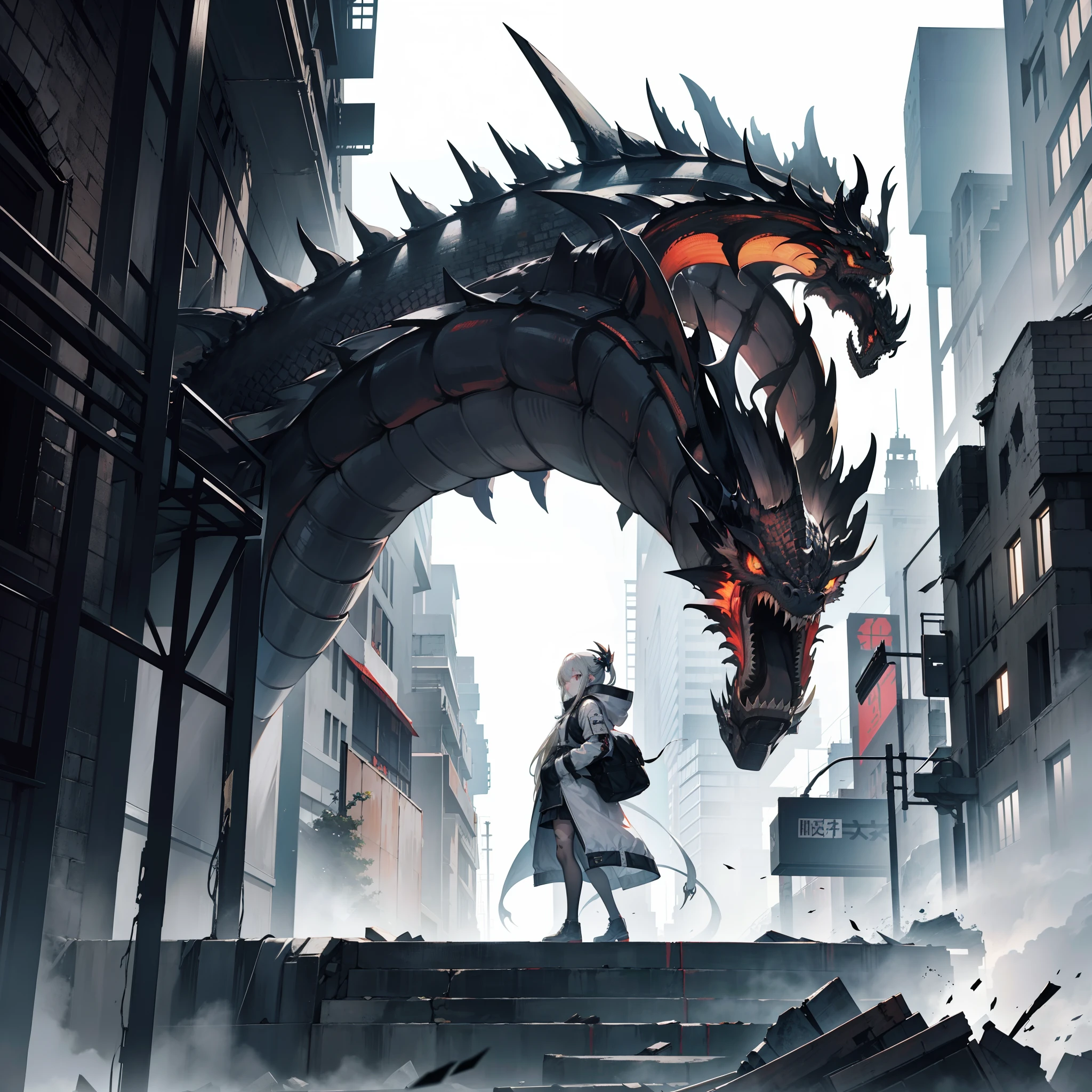 Anime girl standing on a bridge with a dragon in the background - SeaArt AI