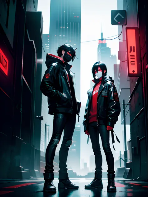 2 males side by side, short black hair, red eyes, cyberpunk mask, skinny jeans, cyberpunk night city background, absurdres, high...