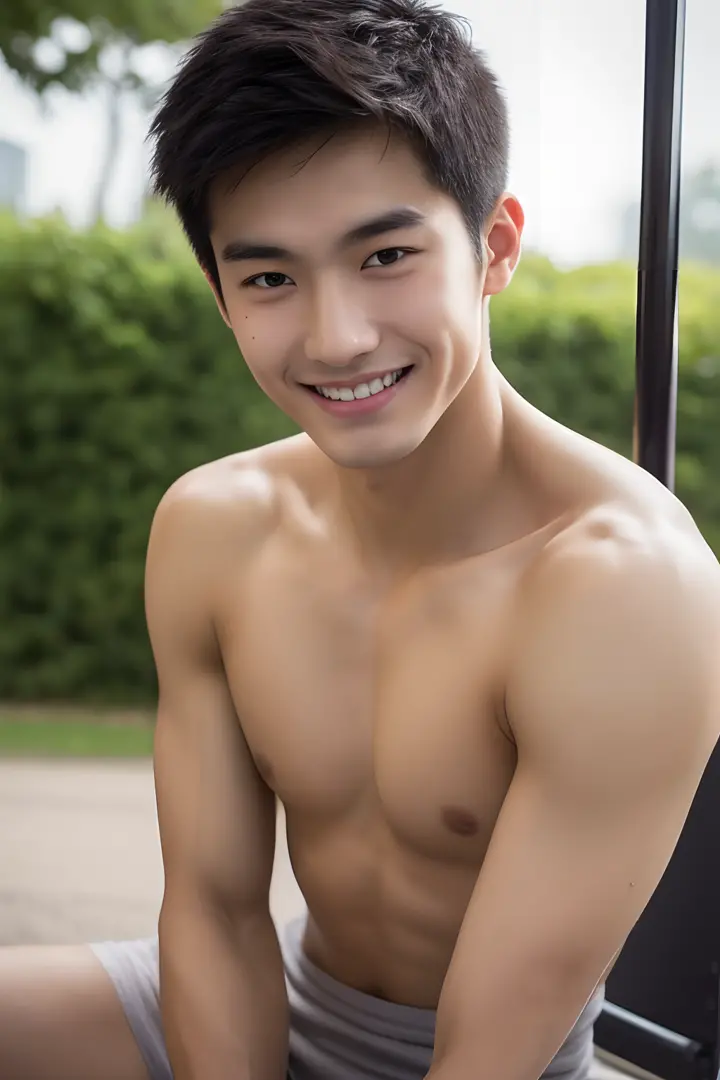 Best quality, detailed face, detailed eyes, asian man photo, 2 young male, handsome, shirtless or tank top, perfect face, perfec...
