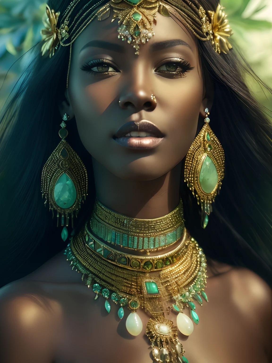 a close up of a woman wearing a gold and green necklace and earrings, stunning african princess, dark skin female goddess of love, a stunning portrait of a goddess, black african princess, gorgeous woman, goddess. extremely high detail, portrait of a beautiful goddess, goddess close-up portrait, a beautiful fantasy empress, african princess, epic 3 d oshun