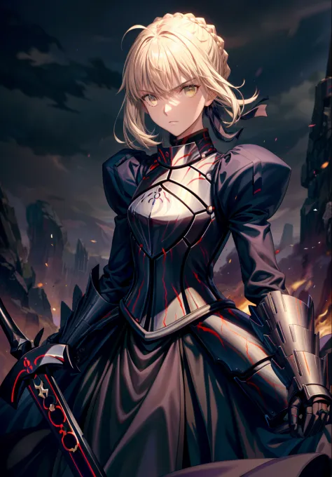 Best quality, Masterpiece, phAlter, phAltoria, 1girll, Solo, Dark weapons, Dark armor dress, Sword of Darkness, view the viewer, Armed with a dark weapon, Dark gloves, Armed with a dark sword, hair between eye, Black dress, chest plate, Black armor, side l...