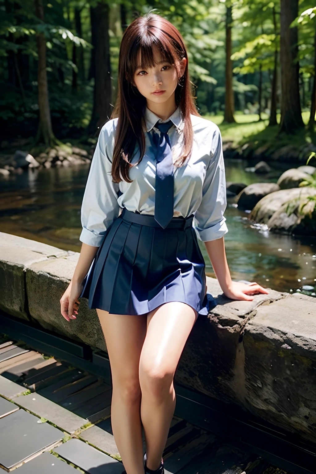 ​masterpiece、high-level image quality、high-detail、8k wallpaper、beautiful expression、kawaii faces、Bright brown eyes、((Double beautiful eyes))、Well-formed face,full body Esbian、Summer uniform、Blue tie、a blue skirt、One Beautiful Girl, hi-school girl、15yo student、Hairstyle with bangs、great outdoors、Blue swamp in the coniferous forest belt、Beautiful girl walking in the water and coming here、Embarrassment、confusion、Ephemeral、dark sky、side lights、Noise Reduction、Pale and soft light、diffuse glow、