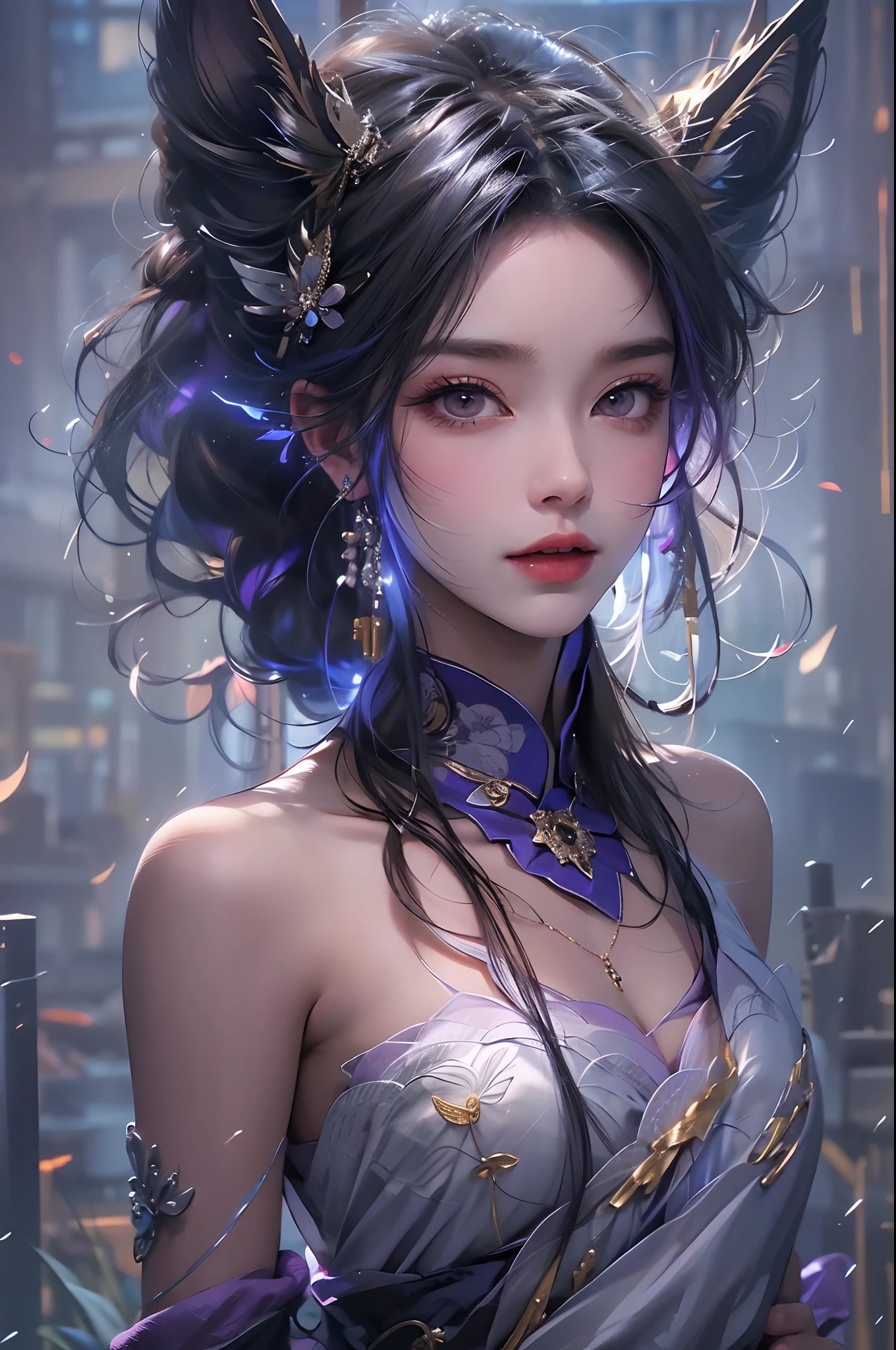 In a futuristic cityscape, where Chinese traditional elements blend seamlessly with advanced technology, a young woman stands confidently, adorned in exquisite jewelry. Her delicate features are highlighted by a radiant smile, as she poses for the viewer. Her long, black hair cascades down her back, framing her graceful neck and emphasizing her gentle curves.

She wears a white, Chinese-style cheongsam, its intricate patterns shimmering with purple moire. The dress’s low-cut neckline reveals a hint of cleavage, adding an alluring touch to her otherwise serene appearance. A short, black pleated skirt flutters around her legs, paired with black lense stockings that add an air of sophistication.

On her ears, she wears a pair of delicate earrings, and around her neck, a stunning necklace. Her purple double ponytail is adorned with purple cat ear steamed buns, adding a playful touch to her otherwise elegant appearance. In her hand, she holds a sword, ready to defend herself or those around her.

As lightning flashes across the sky, the scene is bathed in an otherworldly glow. The thunderclaps punctuate the silence, echoing through the city’s towering skyscrapers. Despite the chaos outside, the young woman remains composed, her serene expression unchanged.

The entire scene is captured in perfect light, with an attention to detail that is truly breathtaking. Every aspect of the image, from the intricate patterns on the woman’s dress to the shimmering skyline in the background, is rendered in extreme detail. This stunning image is a masterpiece, a perfect blend of technology and tradition, ready to be admired for years to come.