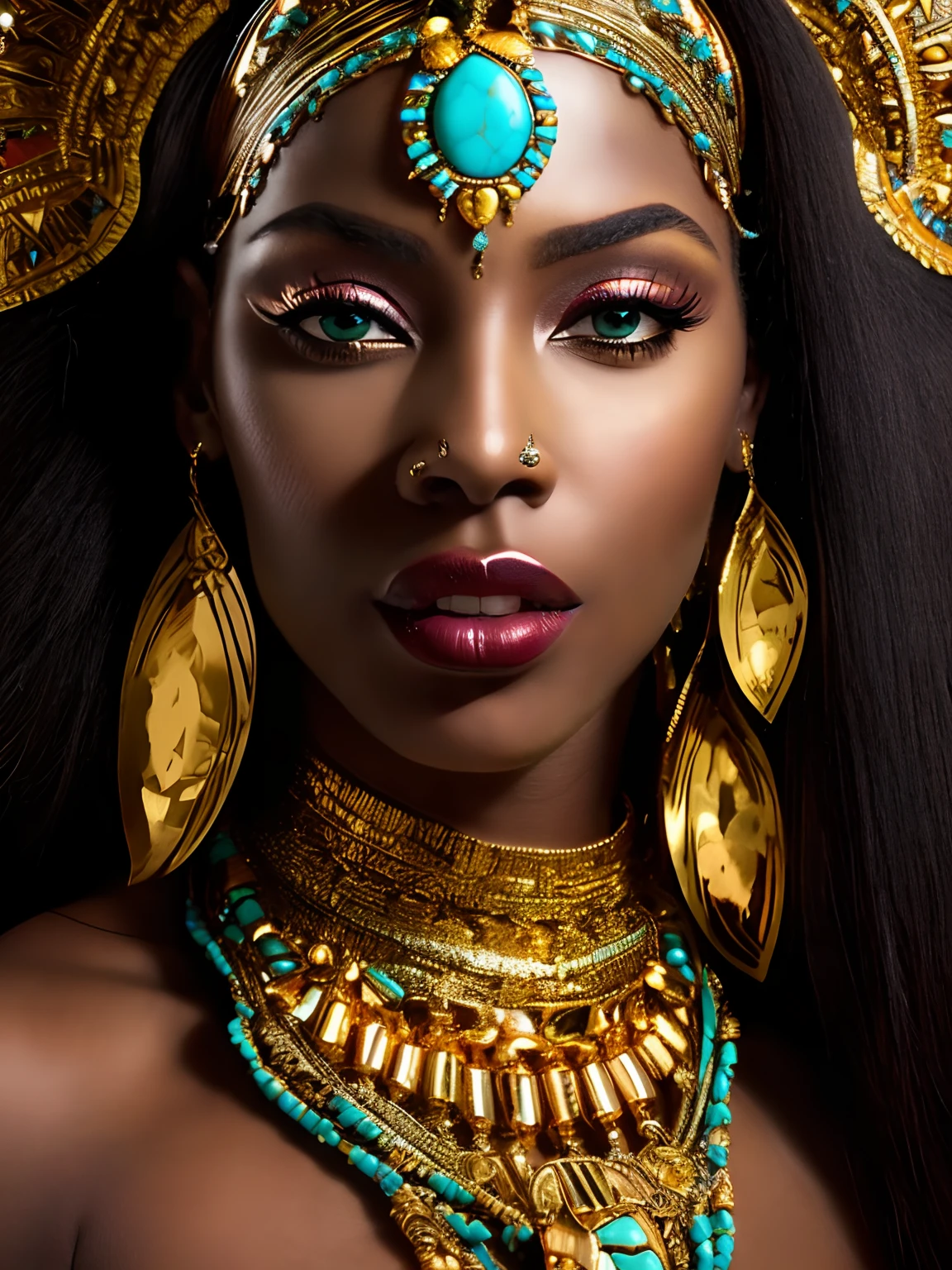 um close up de uma mulher com um chapéu dourado e olhos azul-turquesa, deslumbrante princesa africana, deusa feminina de pele escura do amor, um retrato deslumbrante de uma deusa, linda mulher, linda Cleópatra, retrato de uma linda deusa, insanamente linda mulher bonita, princesa negra africana, tez escura, Rainha africana, épico 3d oshun, retrato de close-up da deusa