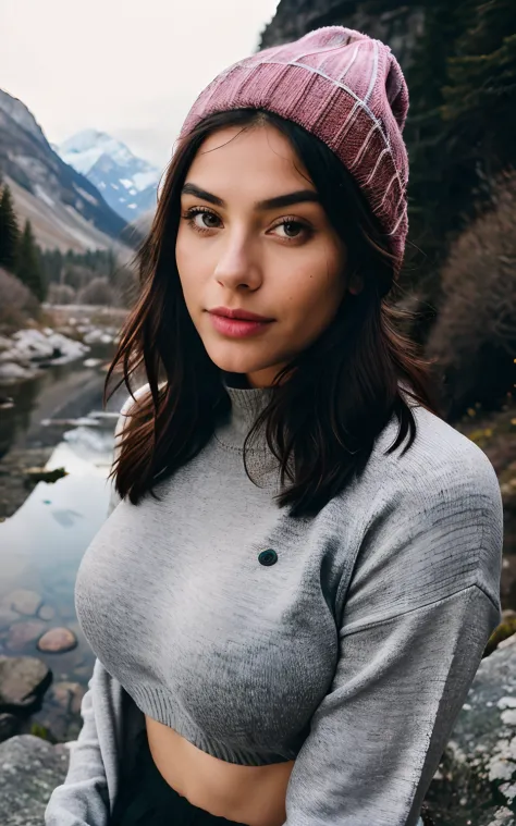 photorealistic, best quality, hyper detailed, beautiful women, selfie photo, big bra, colorful outfit, upper body, wearing pullover, outdoors, mountains, real life nature, stars, moon, (cheerful, shy), sleeping bag, gloves, sweater, beanie, flashlight, for...